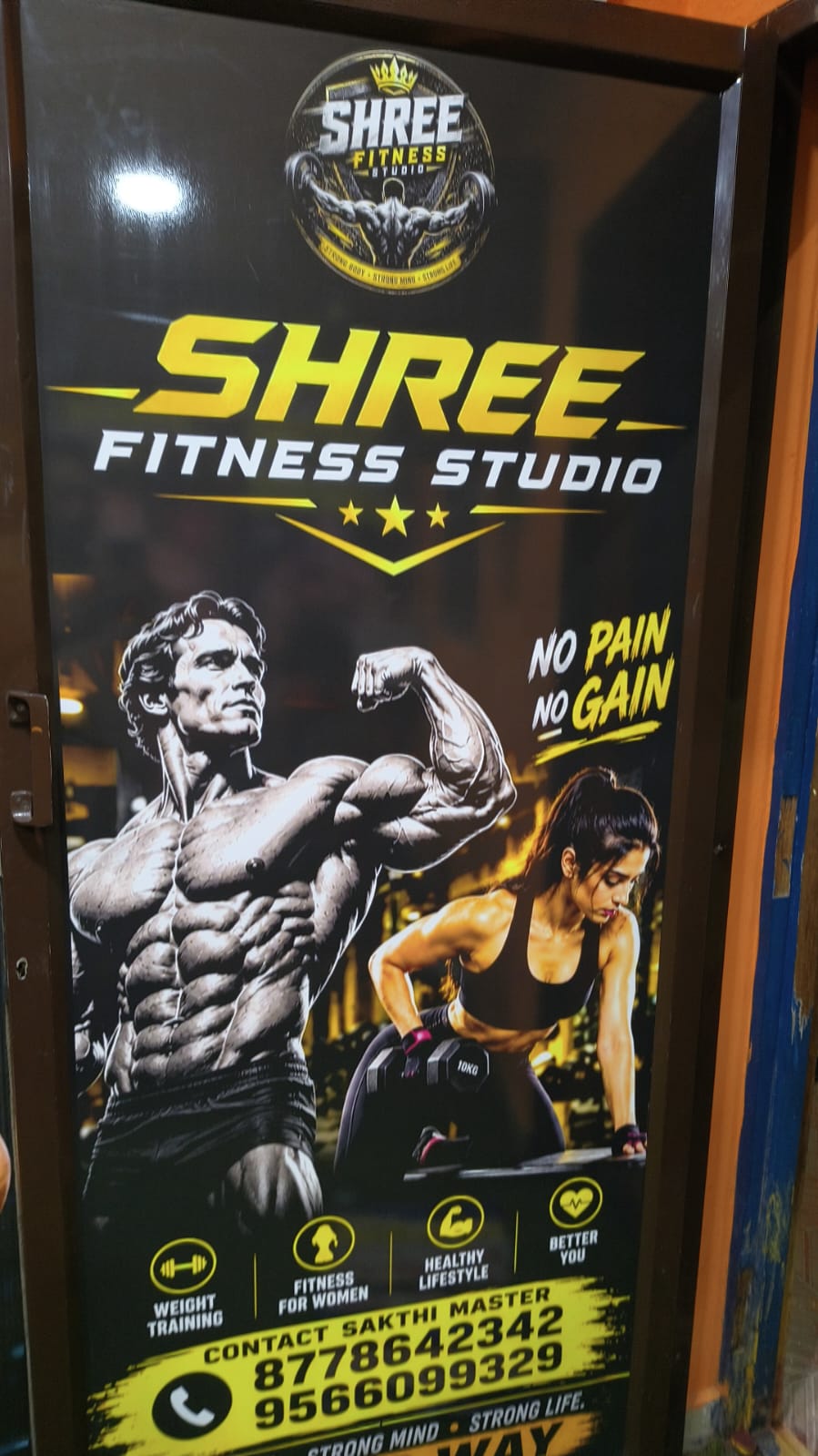 Shree Fitness Studio poster listing weight training, fitness for women and a healthy lifestyle