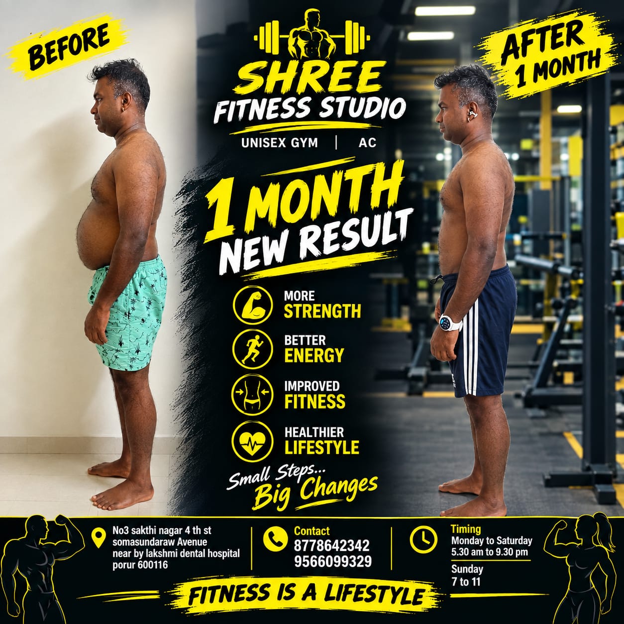 Studio-supplied before and after transformation poster, showing a one-month claim